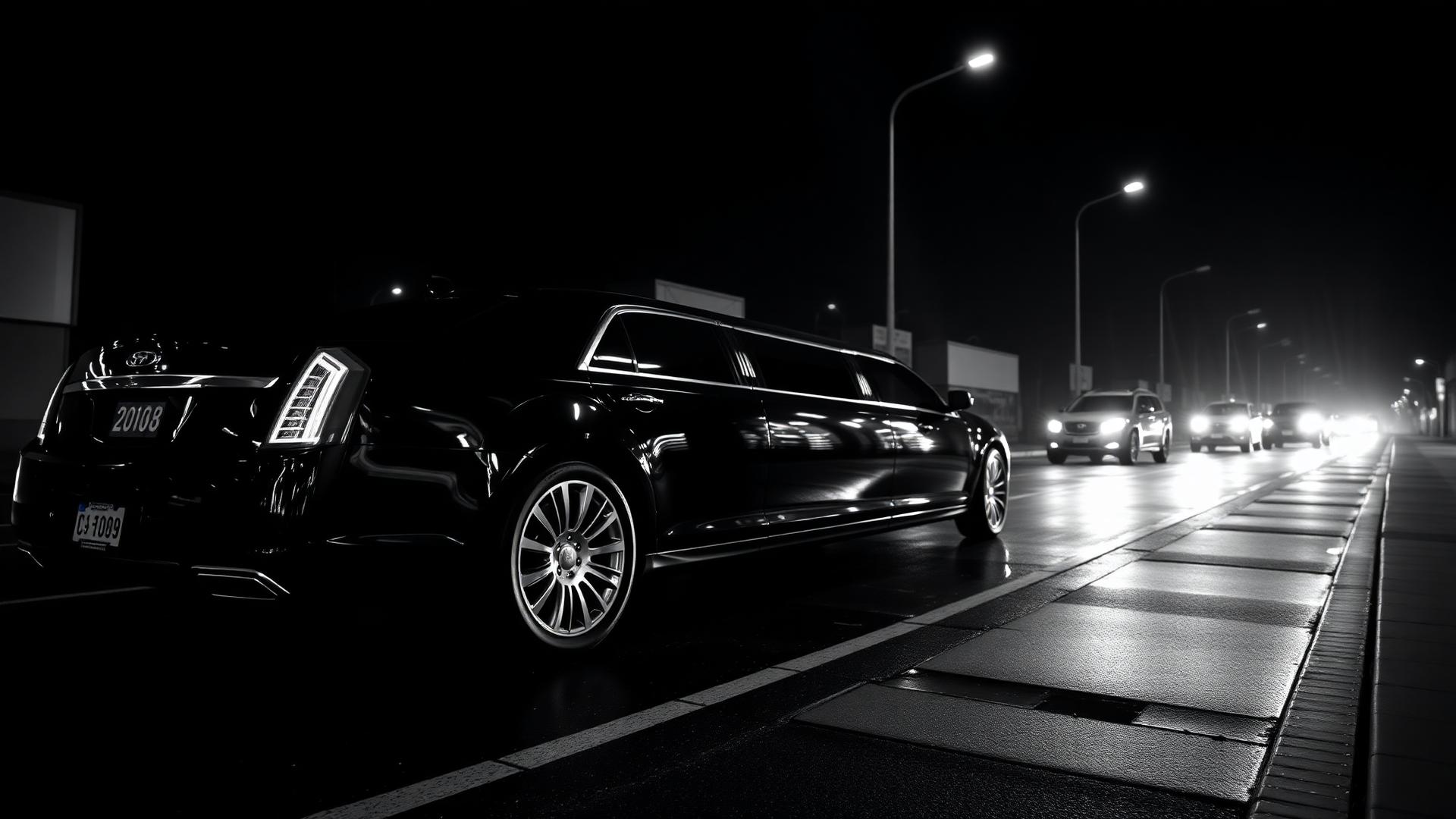Black stretch limousine on a wet nighttime city street